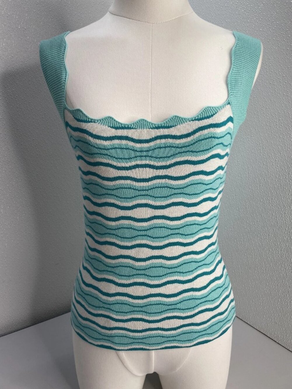 Allison New York Womens Tank Top Aqua Blue/Multi Size S Sasha Wavy Knit Stretch